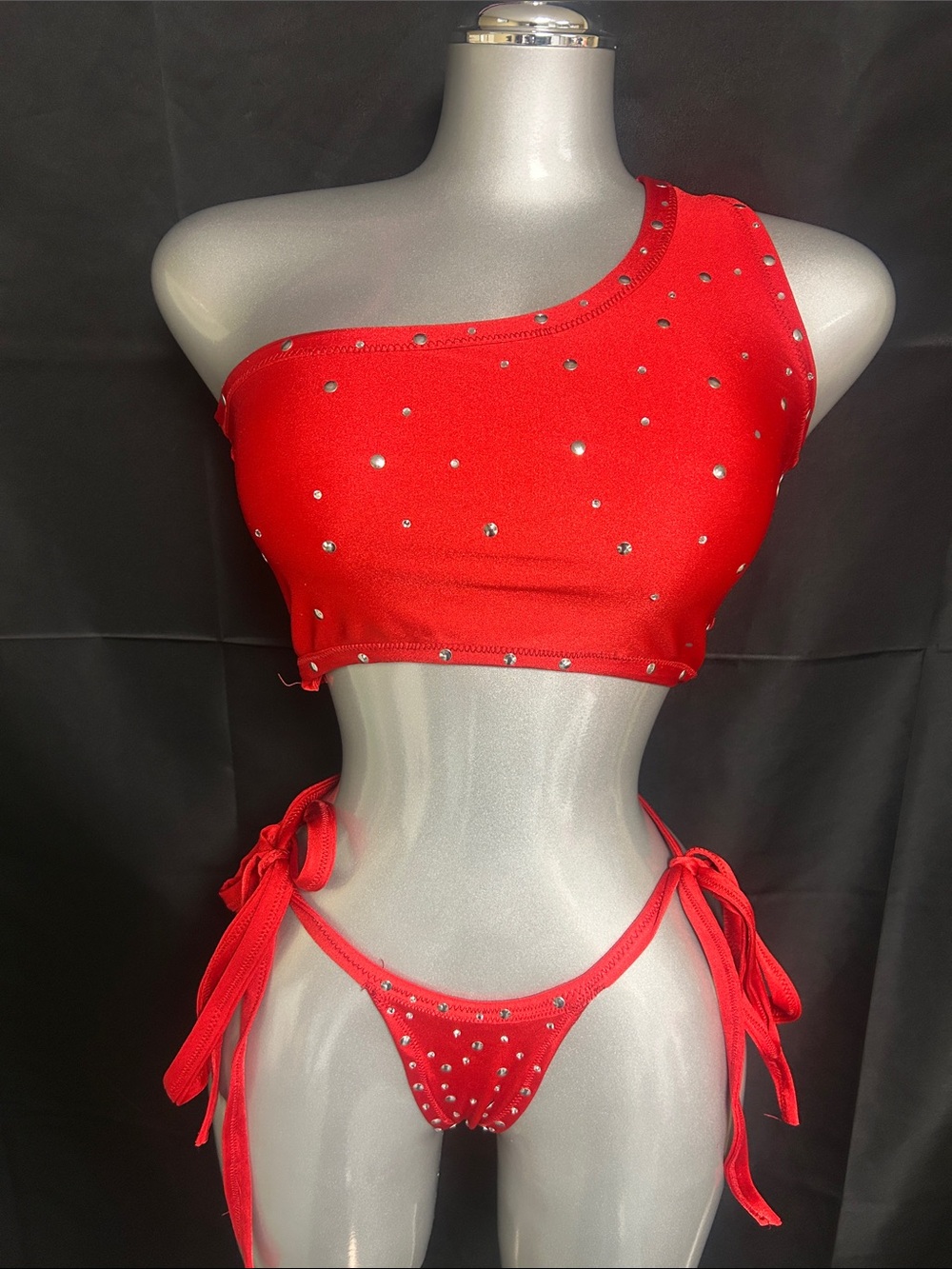 Red One-Shoulder Rhinestone Bikini Set